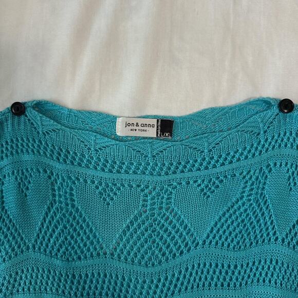 turquoise open knit batwing sweater jon & anna sheer button sleeve pullover - Picture 6 of 7